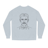 N. Tesla sweatshirt featuring "Think in Terms of Energy, Frequency and Vibration" slogan, from the Visionaries Series by Printify.