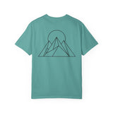 Printify Peak Tee t-shirt from the Nature Series featuring "Built to Rise" slogan, shown in a relaxed fit on a mannequin.