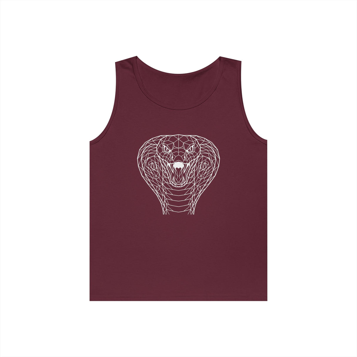 Cobra Tank Top from Printify's Geometric Animal Series featuring a sleek cobra design on a black sleeveless shirt.