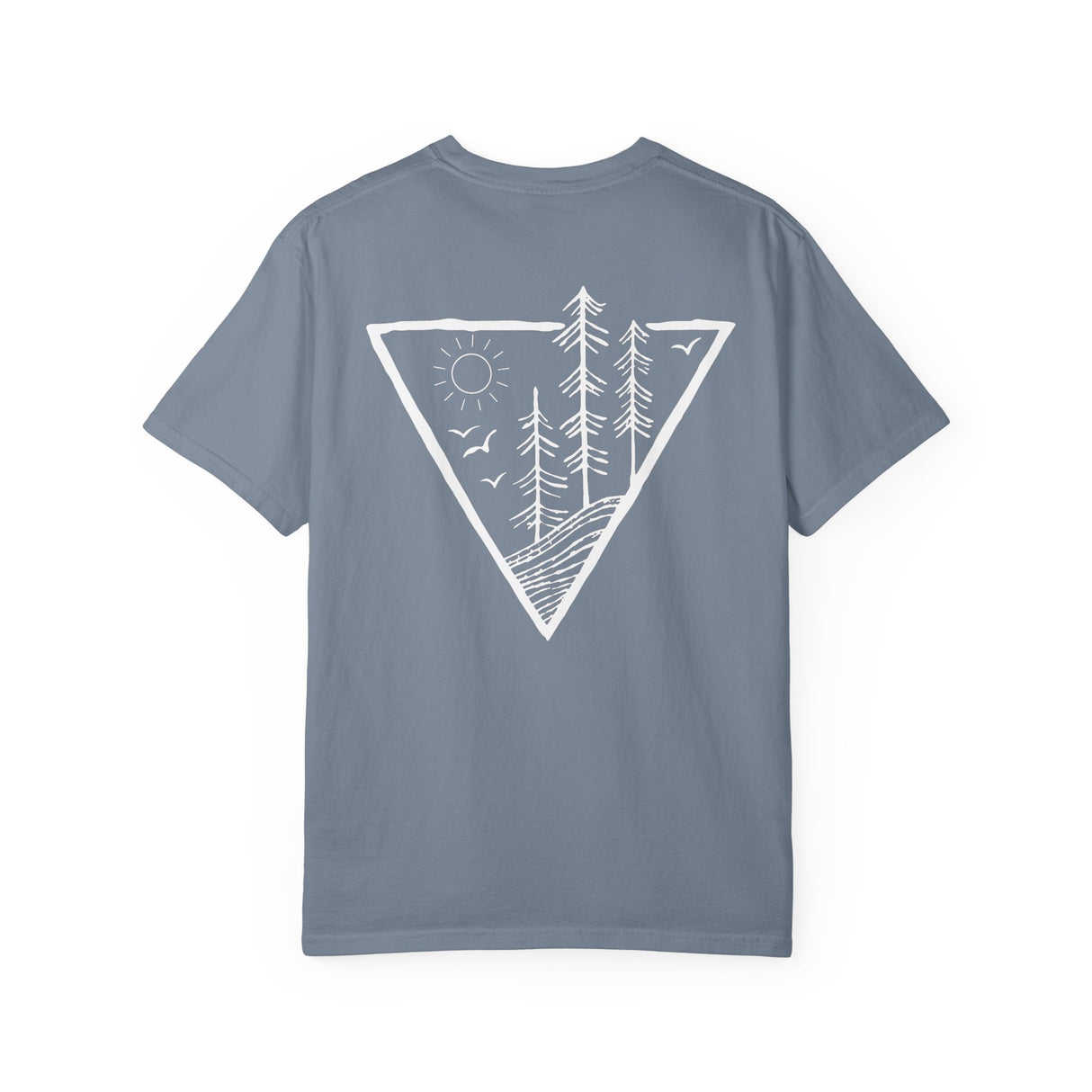 Forest Tee t-shirt featuring "Deep Roots. High Rise." design from Nature Series by Printify, shown on a casual model.