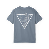 Forest Tee t-shirt featuring "Deep Roots. High Rise." design from Nature Series by Printify, shown on a casual model.