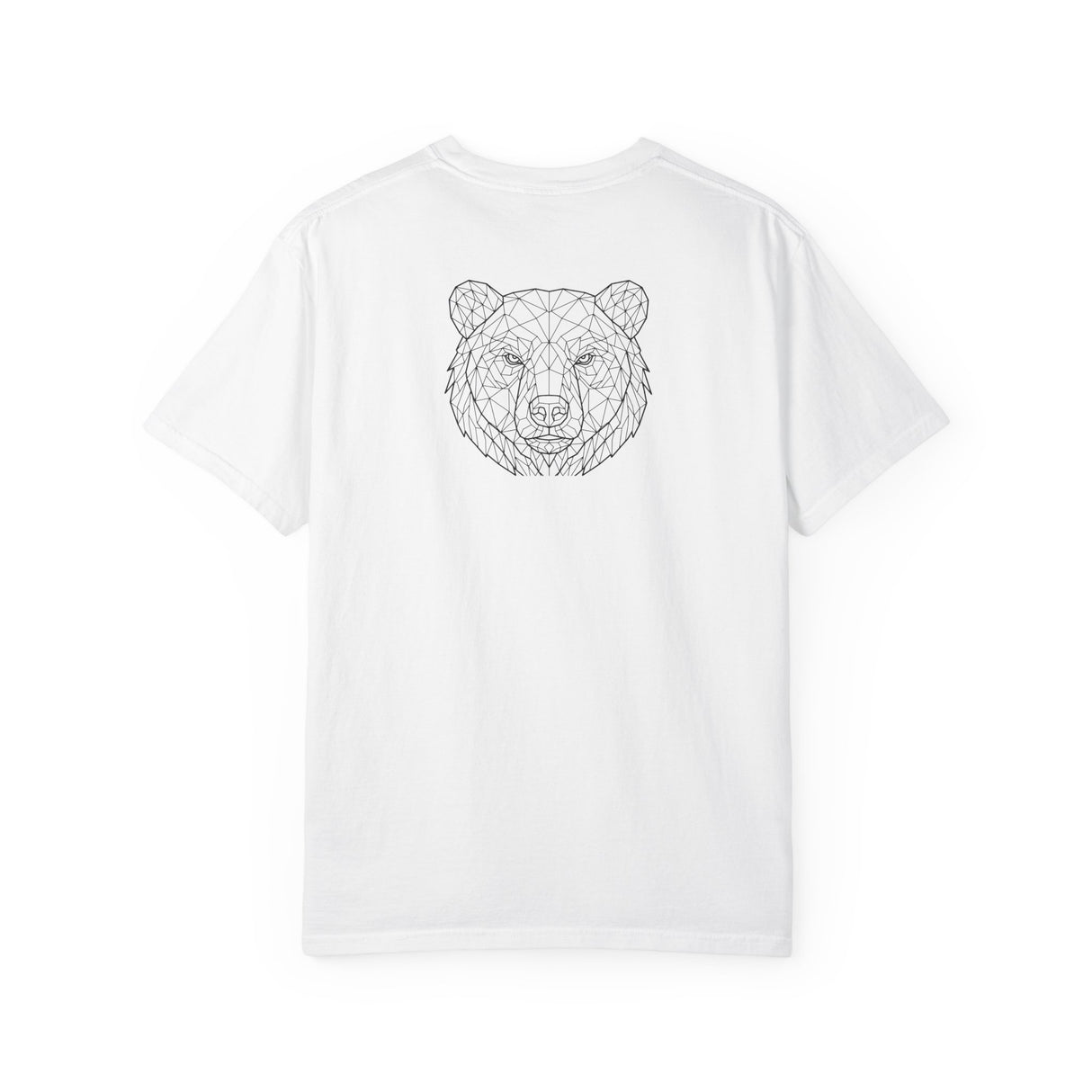 Gray Bear Tee featuring geometric bear design and the phrase "Unbothered. Unmoved. Undefeated." in a stylish T-shirt from Printify.