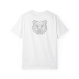 Gray Bear Tee featuring geometric bear design and the phrase "Unbothered. Unmoved. Undefeated." in a stylish T-shirt from Printify.
