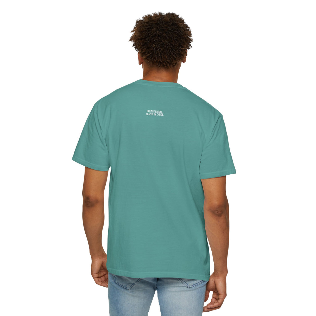 Blue Mountain Tee by Printify from the Nature Series featuring a nature-inspired graphic and the phrase "Built by Nature. Shaped by Choice."