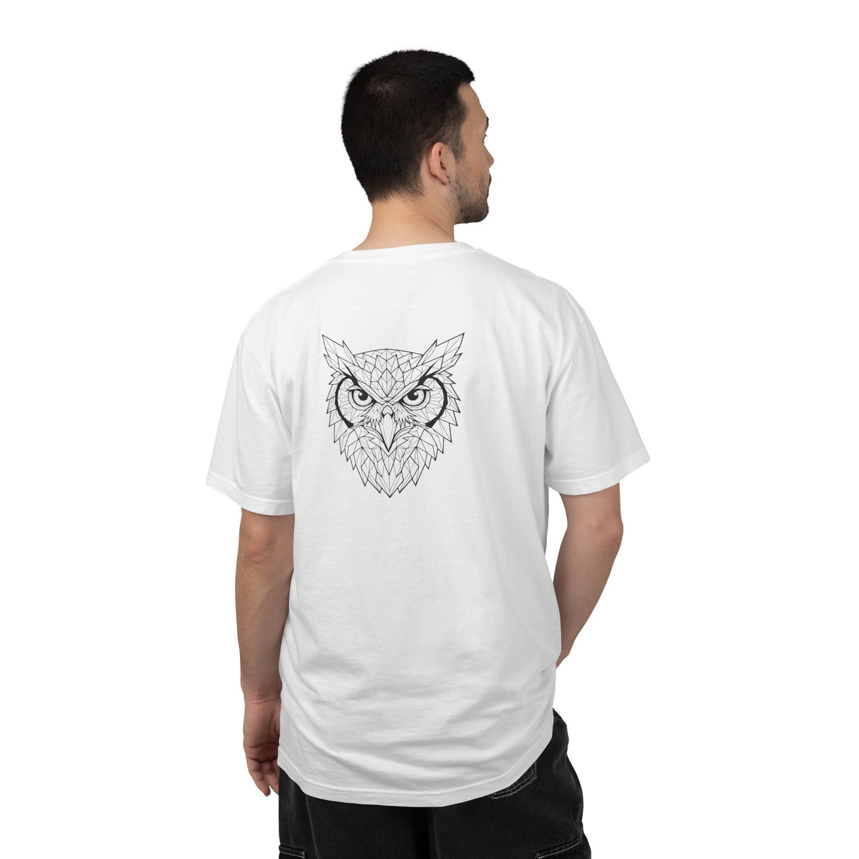 Gray owl graphic T-shirt with geometric animal design and the quote "See Everything. Say Nothing." from Printify's Geometric Animal Series.