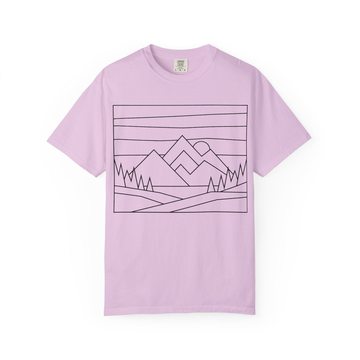Blue mountain-themed T-shirt from Printify's Nature Series featuring the slogan "Built by Nature. Shaped by Choice."