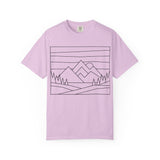 Blue mountain-themed T-shirt from Printify's Nature Series featuring the slogan "Built by Nature. Shaped by Choice."
