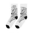 Colorful Cobra Crew Socks with geometric animal print featuring the phrase "Patience is the Deadliest Weapon" by Printify.
