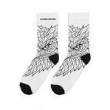 Eagle crew socks with geometric animal print design, featuring "Rise Above Everything" slogan, all-over print by Printify.