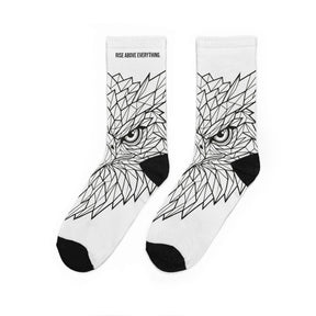 Eagle crew socks with geometric animal print design, featuring "Rise Above Everything" slogan, all-over print by Printify.