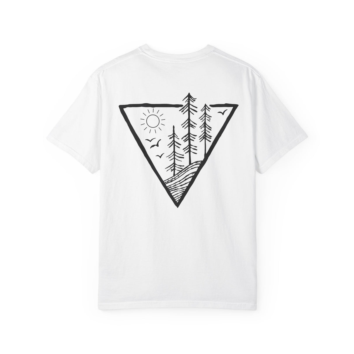 Forest Tee from the Nature Series by Printify featuring a "Deep Roots. High Rise." design on a casual T-shirt.