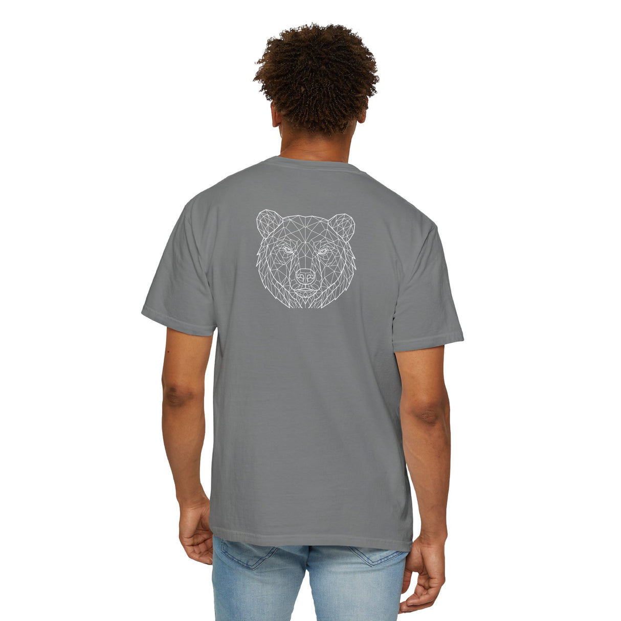 Gray bear T-shirt from Printify's Geometric Animal Series with the quote "Unbothered. Unmoved. Undefeated."