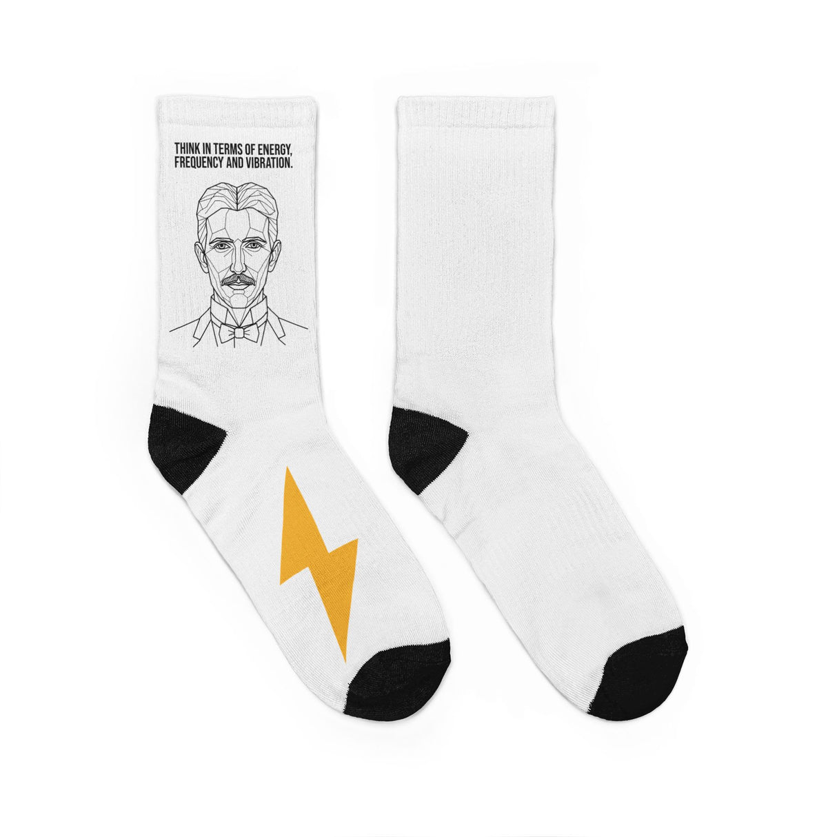 All over print N. Tesla crew socks from the Visionaries Series featuring energy, frequency, and vibration design by Printify.