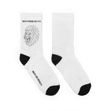 Printify Lion Crew Socks with geometric lion design, featuring all-over print and the phrase "King Is a Standard Not a Title."