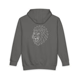 Gray lion hoodie from Printify's geometric animal series featuring the phrase "King Is a Standard. Not a Title."