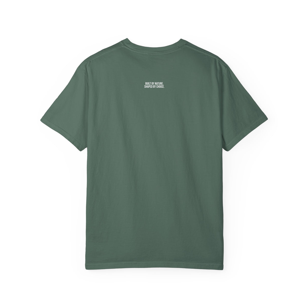 Printify Mountain Tee from the Nature Series featuring a mountain graphic and the phrase "Built by Nature. Shaped by Choice."