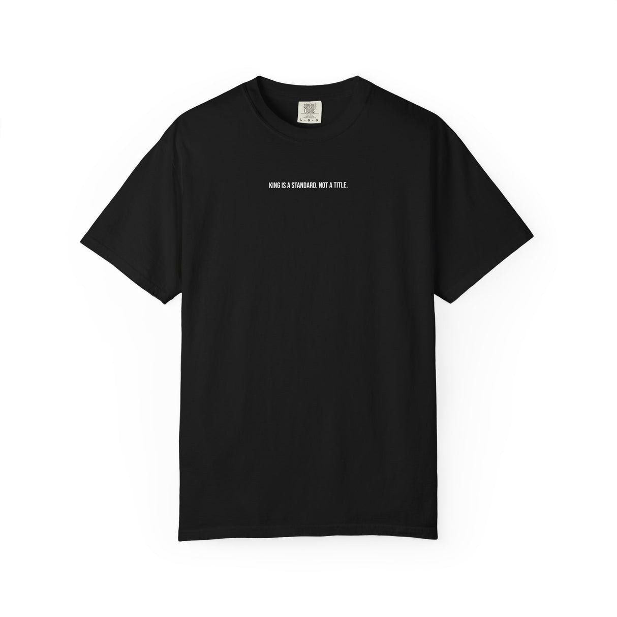 Gray Lion Tee featuring geometric lion design with the quote "King Is a Standard. Not a Title." in bold print.