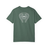 Cobra Tee T-shirt featuring geometric animal design and the phrase "Patience is the Deadliest Weapon" by Printify.