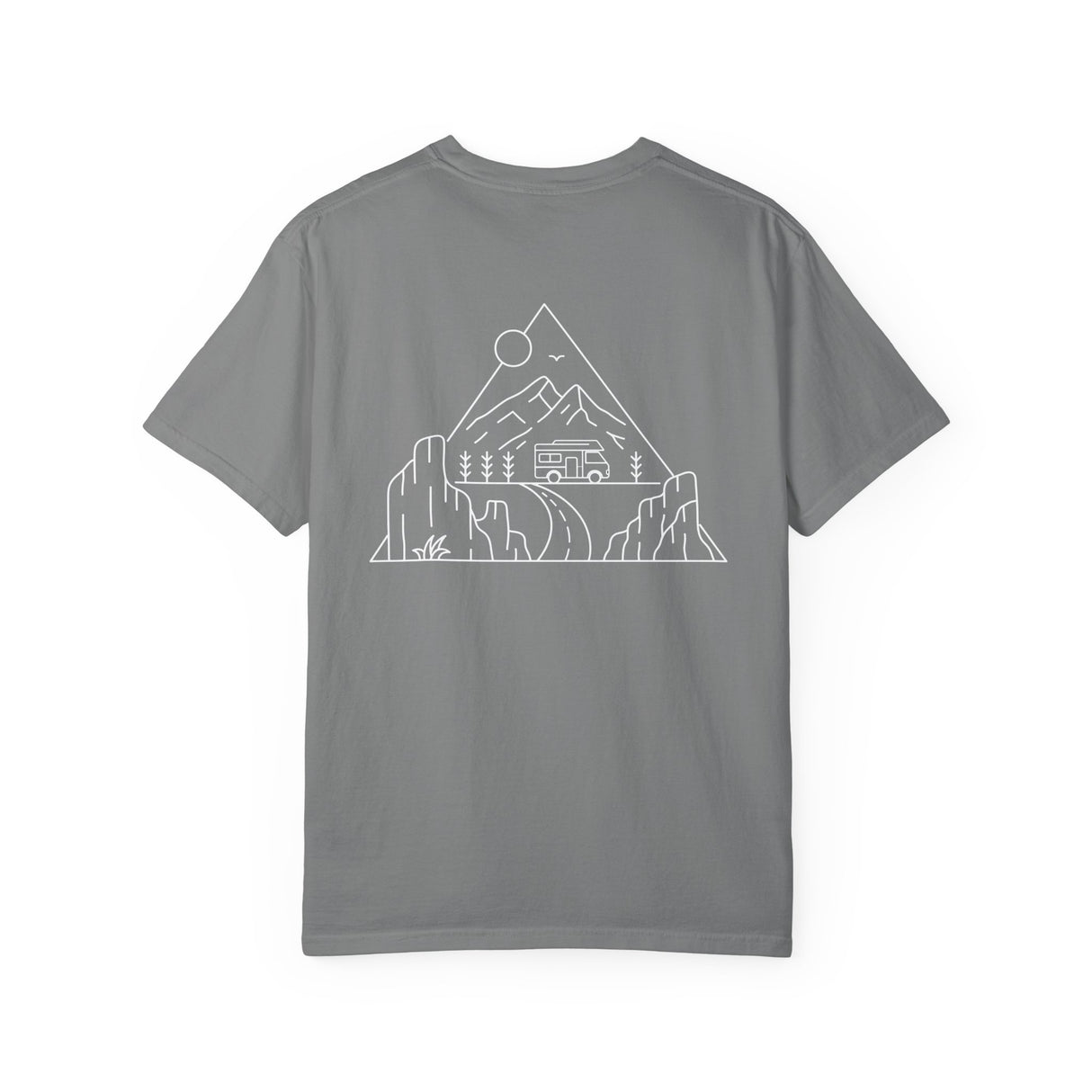 Printify Road Trip T-shirt from the Nature Series featuring "Nowhere to Be. Everywhere to Go." printed on a comfortable casual tee.