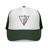 Forest Trucker Hat with "Deep Roots. High Rise." logo, adjustable snapback, printed by Printify, featuring nature-inspired design.