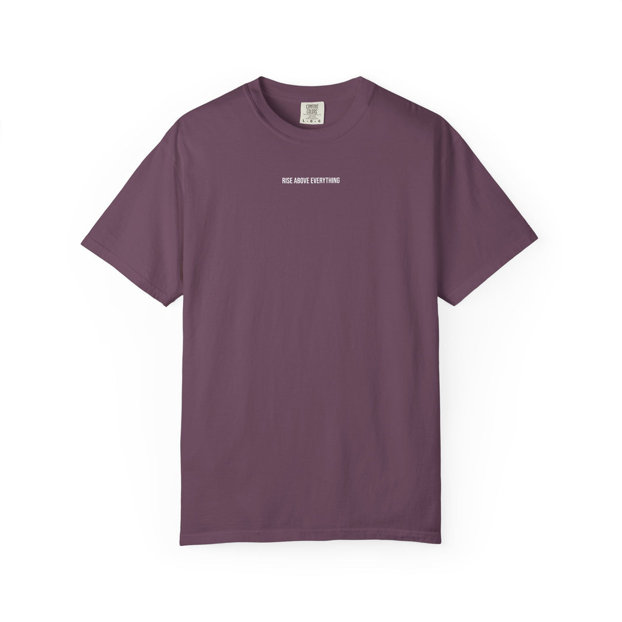 Gray eagle graphic T-shirt from Printify's geometric animal series featuring "Rise Above Everything" slogan.