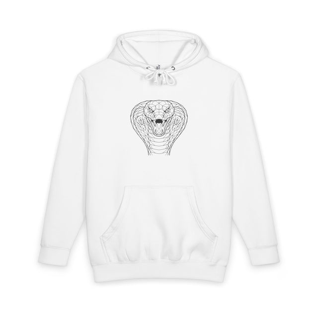 Black Cobra Hoodie from Printify featuring geometric animal design and the phrase "Patience is the Deadliest Weapon."