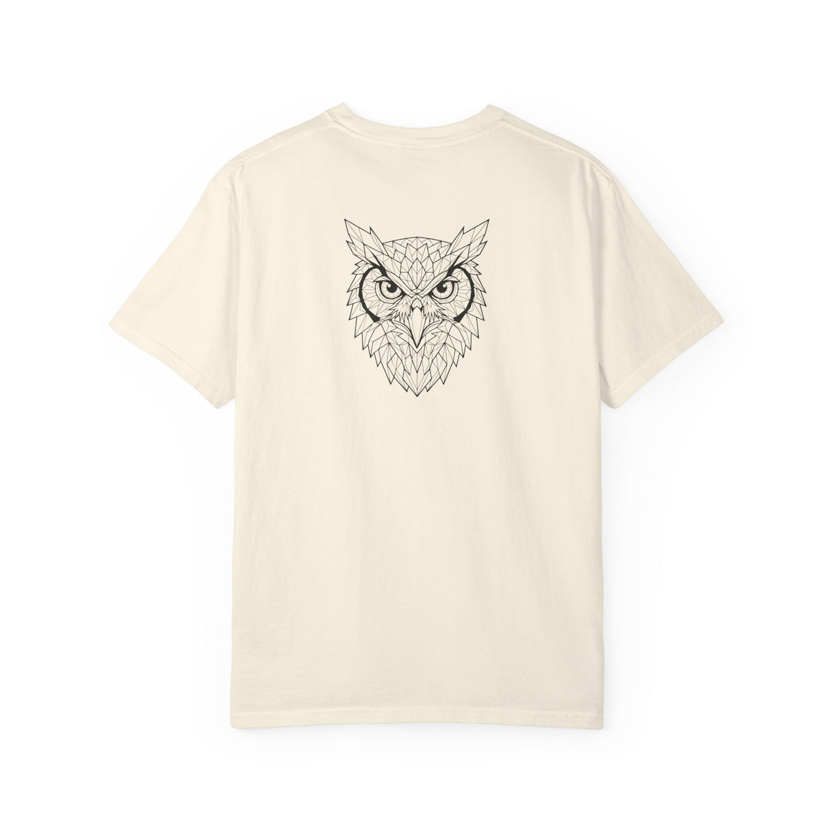 Gray owl graphic T-shirt by Printify featuring geometric animal design and the phrase "See Everything. Say Nothing."