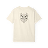 Gray owl graphic T-shirt by Printify featuring geometric animal design and the phrase "See Everything. Say Nothing."