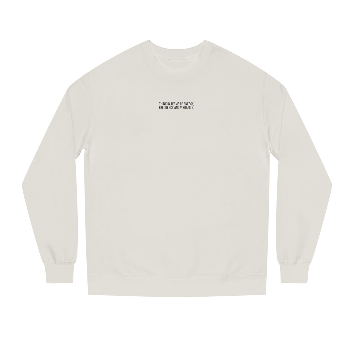 N. Tesla Sweatshirt from Visionaries Series by Printify featuring energy, frequency, and vibration quote on comfortable black sweatshirt.