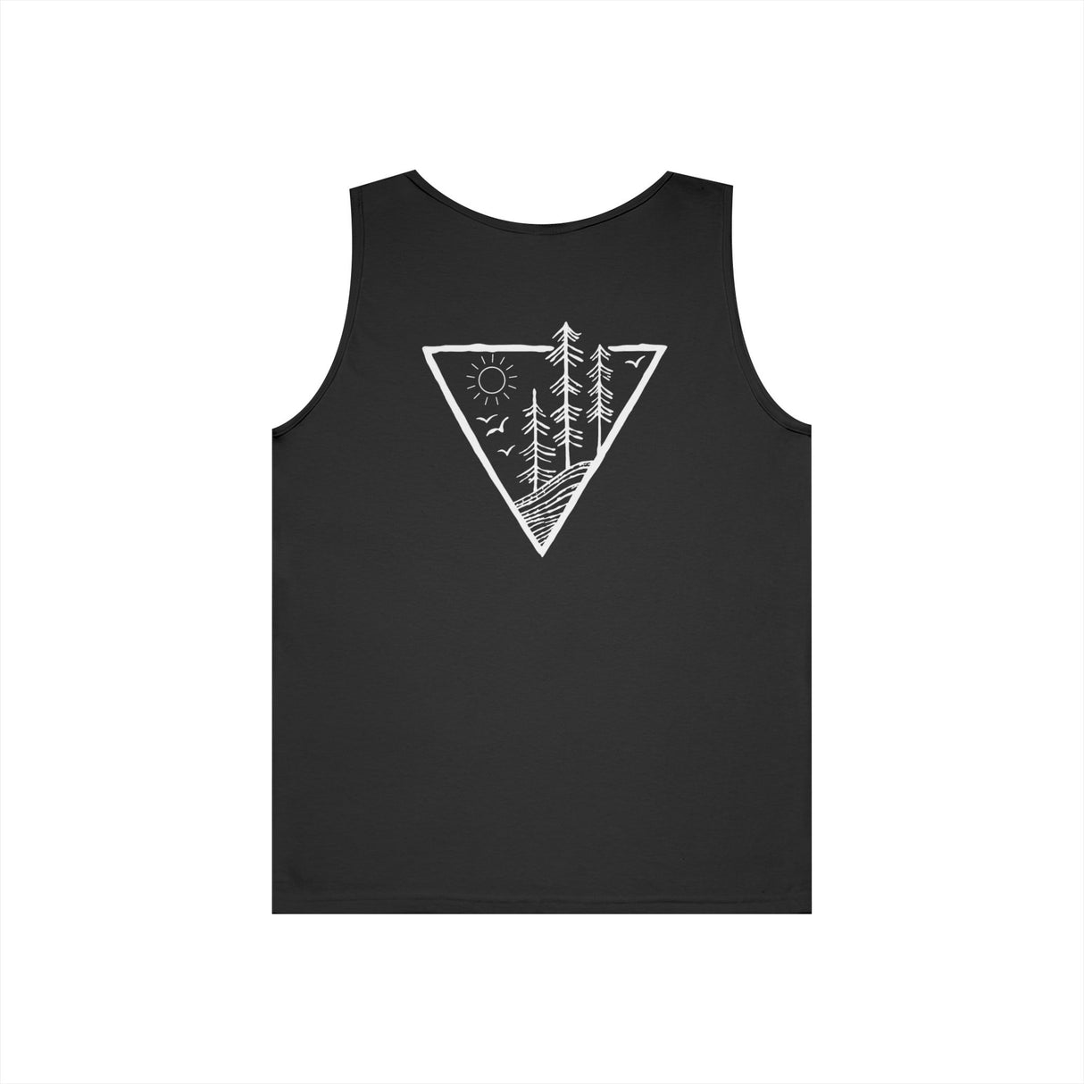 Black tank top with a white graphic design on a white background