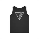 Black tank top with a white graphic design on a white background