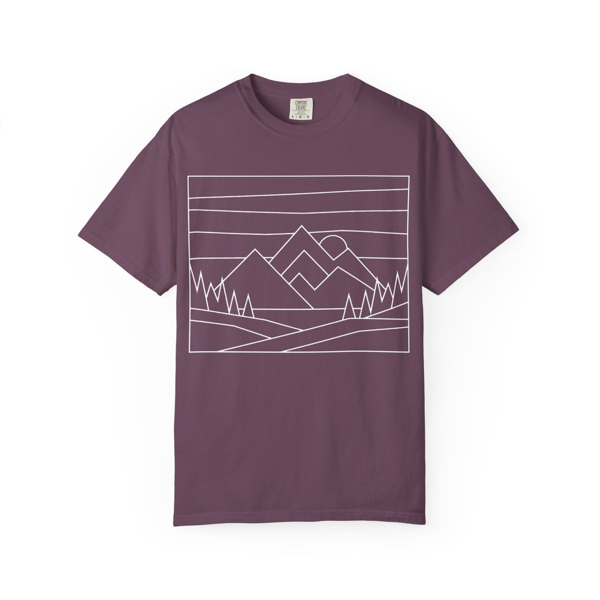 Printify Mountain Tee T-shirt from the Nature Series featuring mountain graphics and the slogan "Built by Nature. Shaped by Choice."