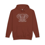 Gray elephant hoodie from the Geometric Animal Series, featuring a soft fabric and a printed design with "Thick Skin. Soft Heart." text.