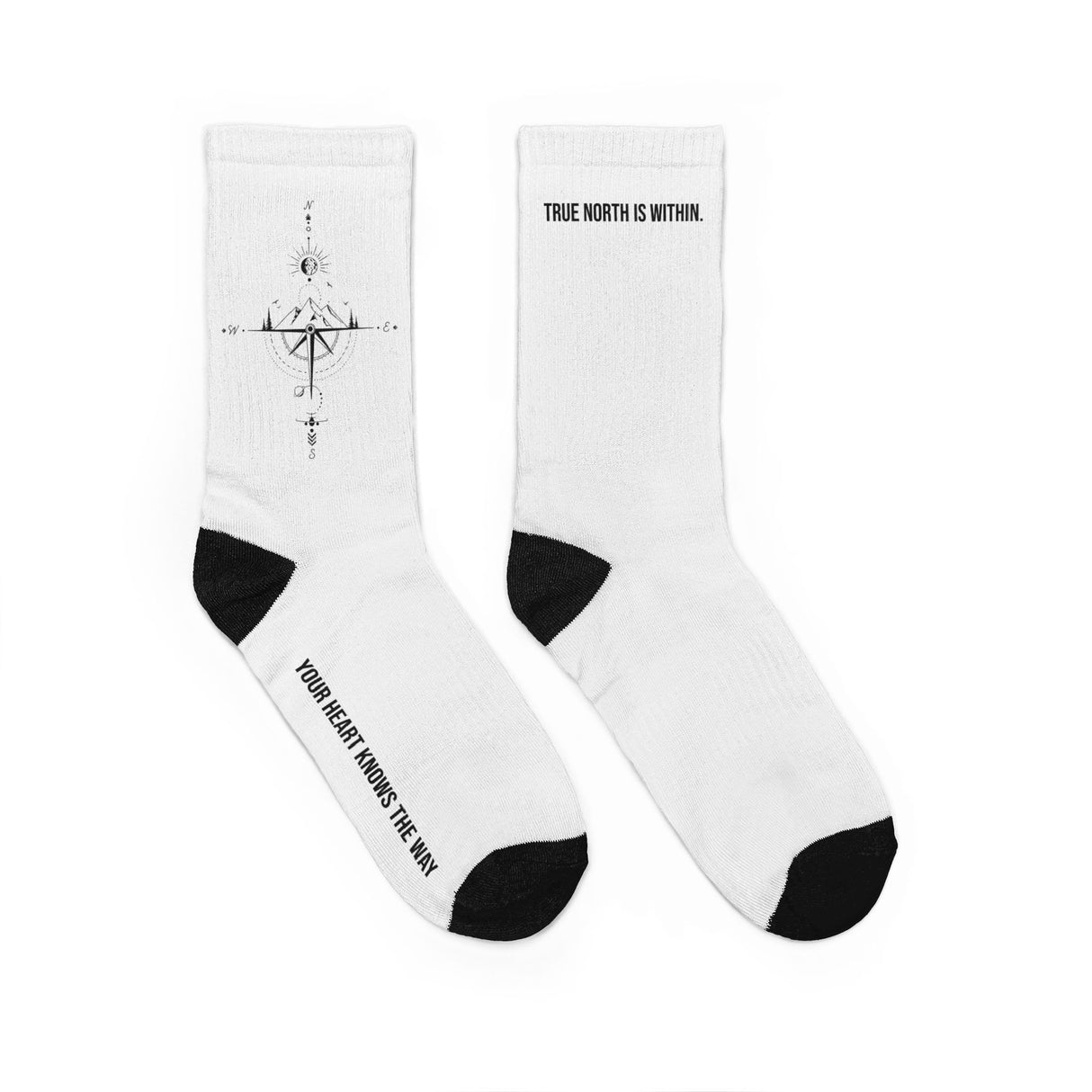 All-over print Compass Crew Socks by Printify featuring a nature-inspired design with the phrase "True North Is Within."