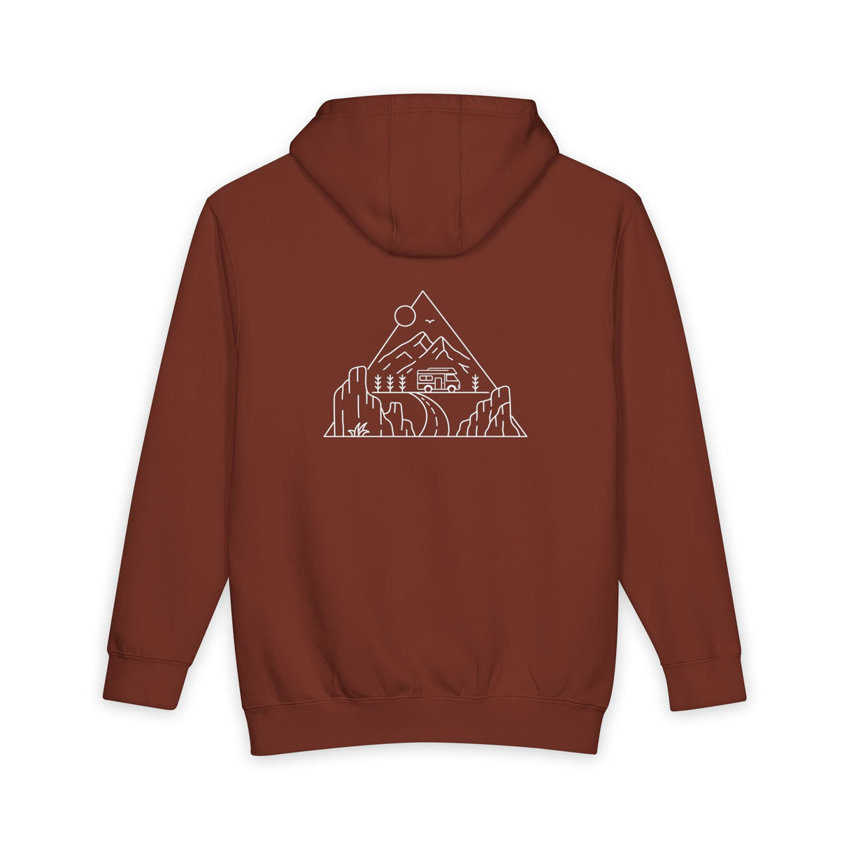 Printify Road Trip Hoodie from Nature Series featuring the quote "Nowhere to Be. Everywhere to Go." displayed on the front.