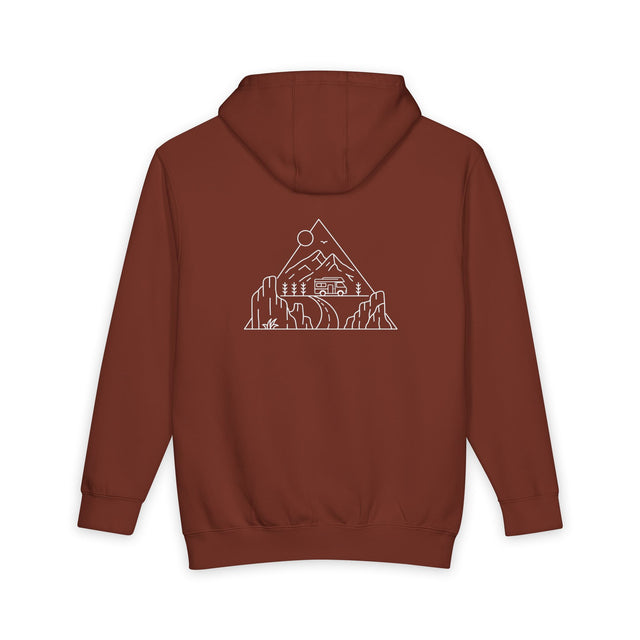 Printify Road Trip Hoodie from Nature Series featuring the quote "Nowhere to Be. Everywhere to Go." displayed on the front.