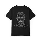 Tesla T-shirt featuring the quote "Think in Terms of Energy, Frequency and Vibration" from the Visionaries Series, printed by Printify.