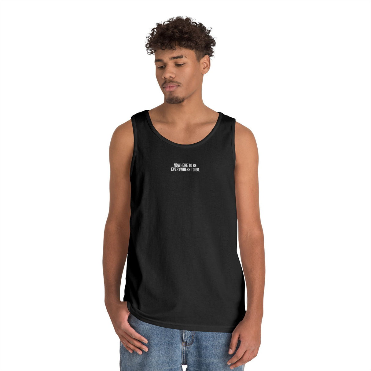 Printify Road Trip Tank Top from the Nature Series featuring the quote "Nowhere to Be. Everywhere to Go." in a casual style.