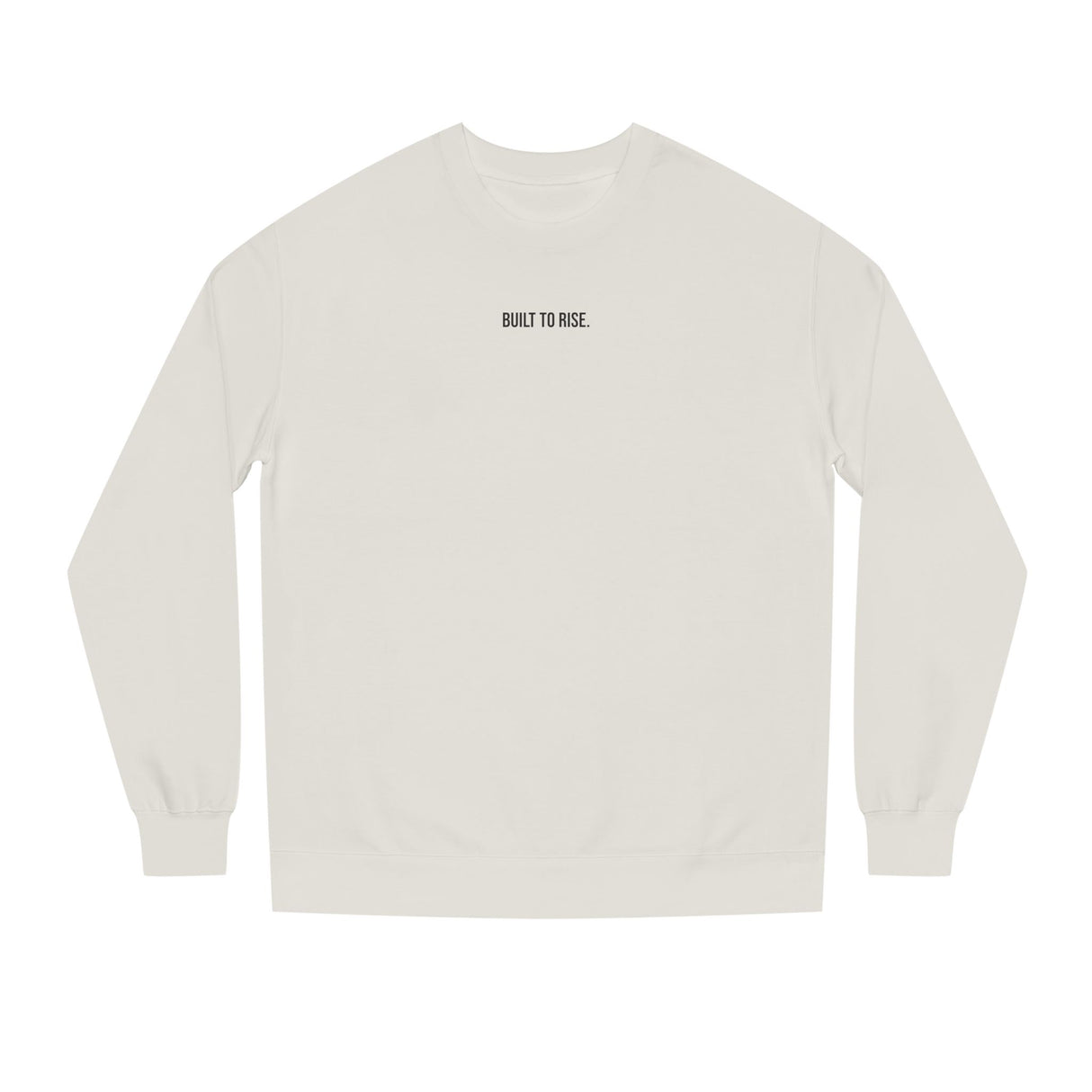 White long-sleeve shirt with 'BUILT TO RISE' text on a white background