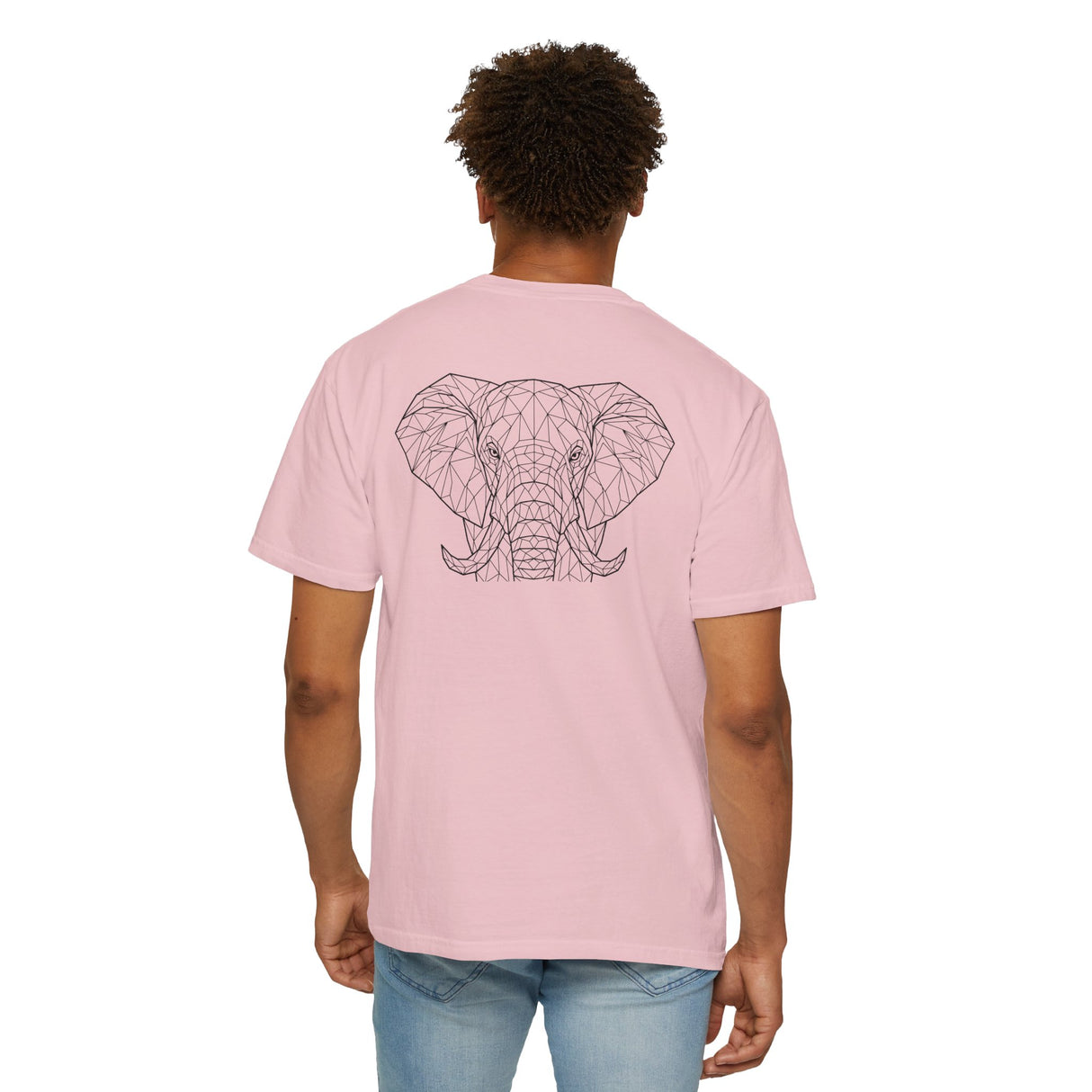 Gray elephant graphic T-shirt from Printify featuring geometric design and the words "Thick Skin. Soft Heart." in the geometric animal series.