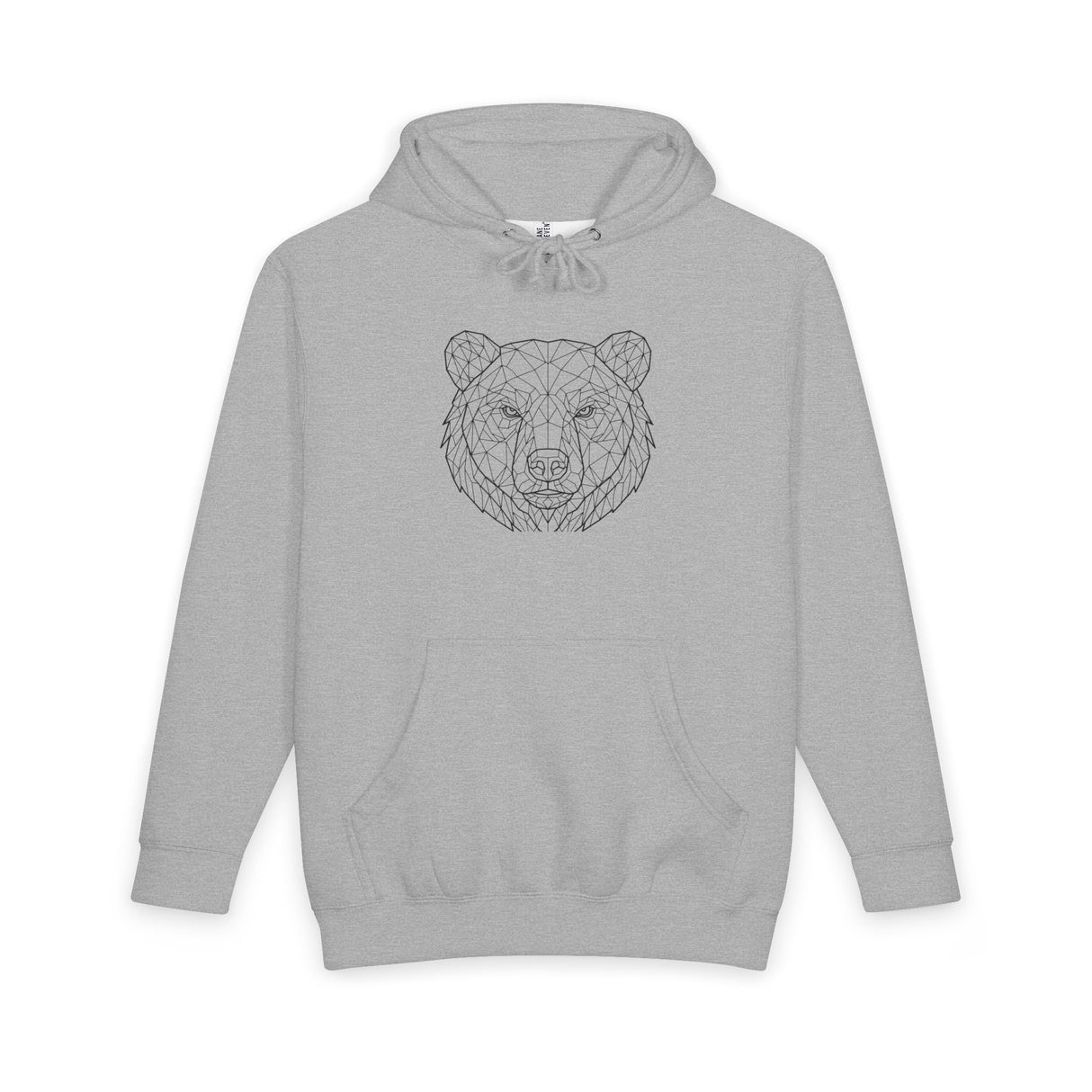 Gray bear hoodie featuring geometric animal design and the phrase "Unbothered. Unmoved. Undefeated." from Printify's hoodie collection.