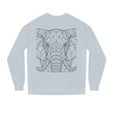 Gray elephant sweatshirt with geometric design and the phrase "Thick Skin. Soft Heart." from the Geometric Animal Series by Printify.