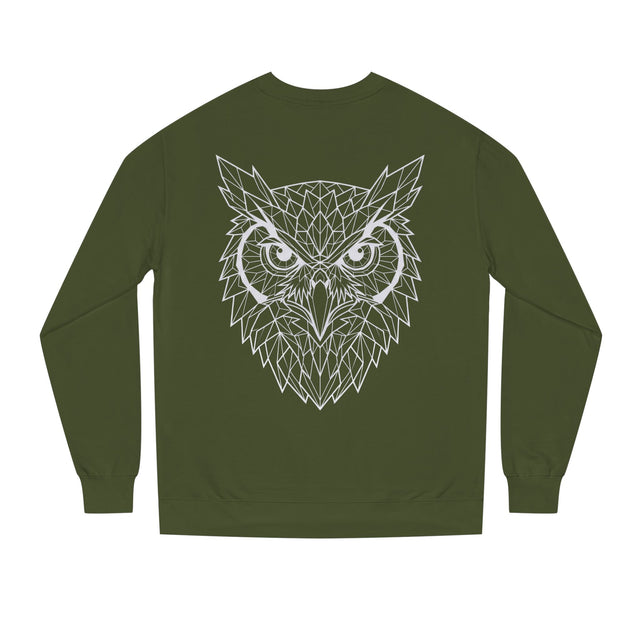 Gray owl sweatshirt from Printify's Geometric Animal Series featuring the phrase "See Everything. Say Nothing." displayed on the front.