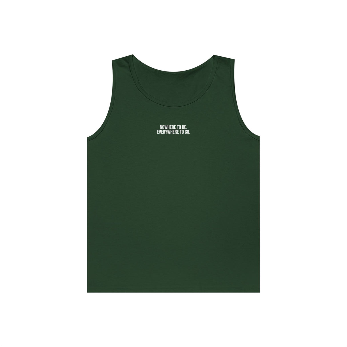 Printify Road Trip Tank Top from the Nature Series featuring the quote "Nowhere to Be. Everywhere to Go." displayed on the front.