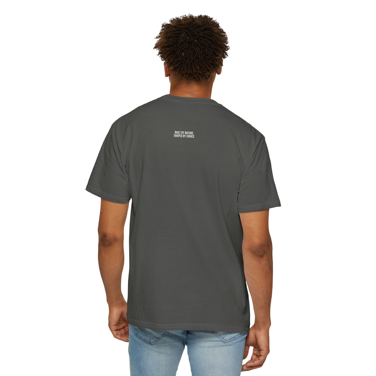 Gray Mountain Tee T-shirt from the Nature Series by Printify featuring the slogan "Built by Nature. Shaped by Choice."