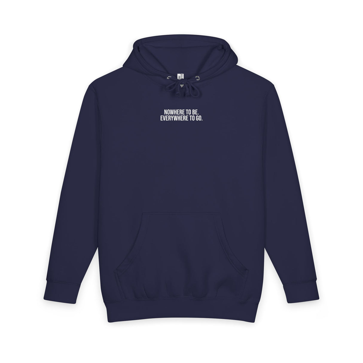 Gray Road Trip Hoodie from the Nature Series by Printify featuring the slogan "Nowhere to Be. Everywhere to Go." on the front.