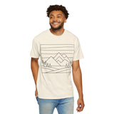 Printify Mountain Tee t-shirt featuring nature-inspired design with the slogan "Built by Nature. Shaped by Choice." on a casual fit shirt.