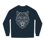 Gray Wolf Sweatshirt from Printify's Geometric Animal Series featuring "Hunt Alone. Win Together." design on the front.
