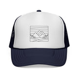 Printify Mountain Trucker Hat from the Nature Series featuring a curved brim and adjustable snapback, with "Built by Nature" design.