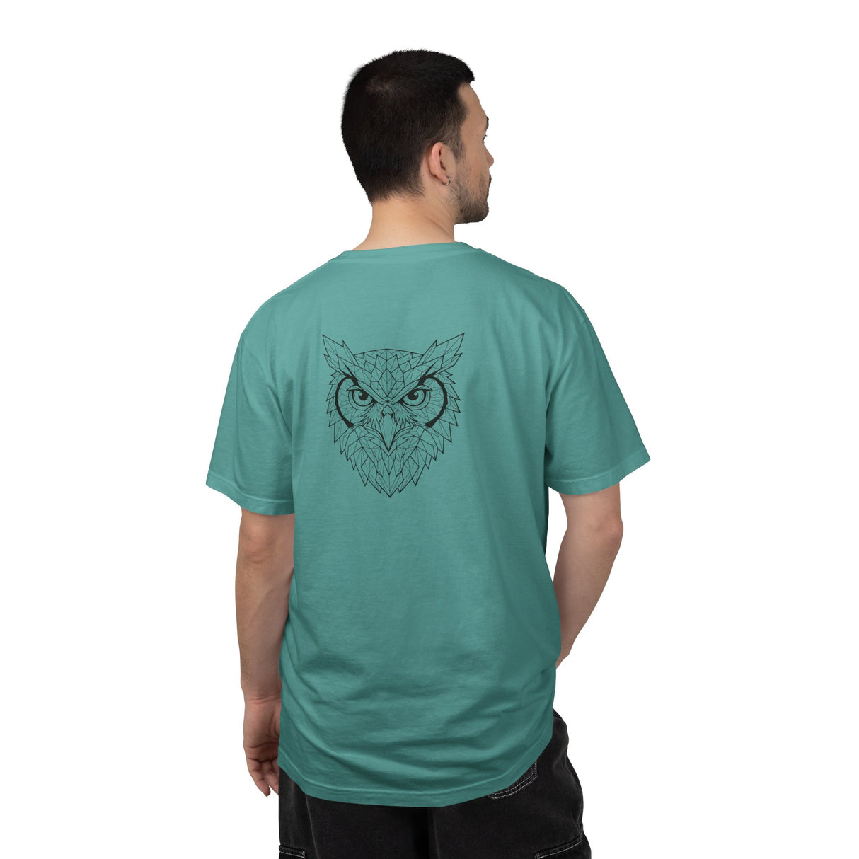 Gray owl graphic T-shirt from Printify featuring the "See Everything. Say Nothing." quote in geometric animal style.